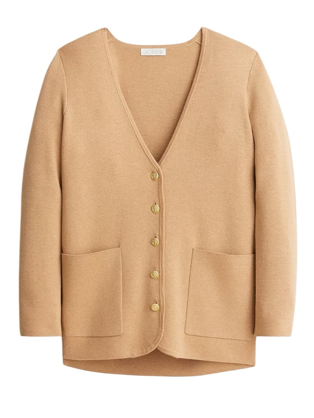 J. Crew Giselle V-Neck Sweater Blazer M Tan Relaxed V-Neck Longer Gold Buttons
